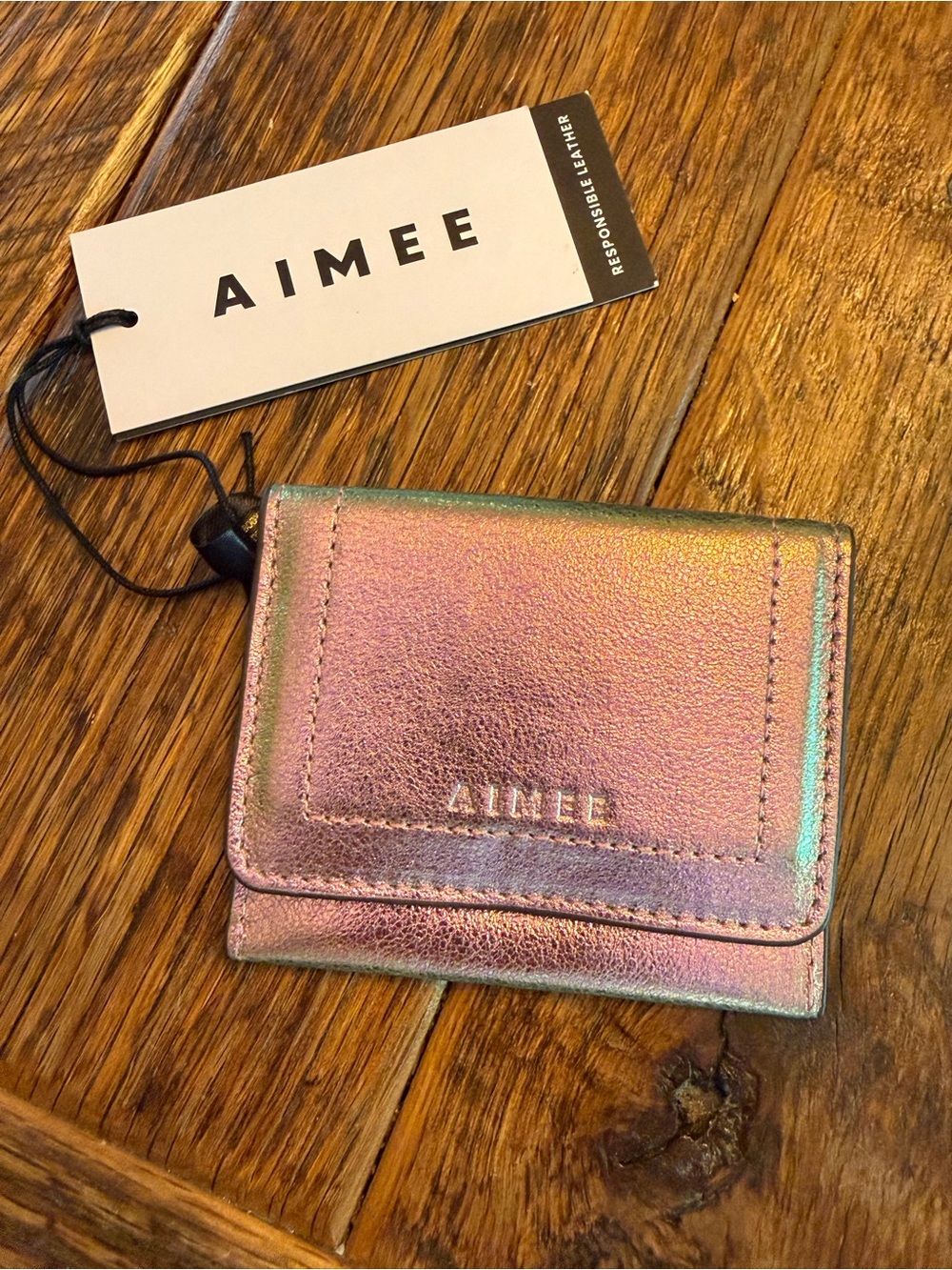 Aimee Kestenberg Iridescent Pink-Purple-Green Card Wallet with Mirror